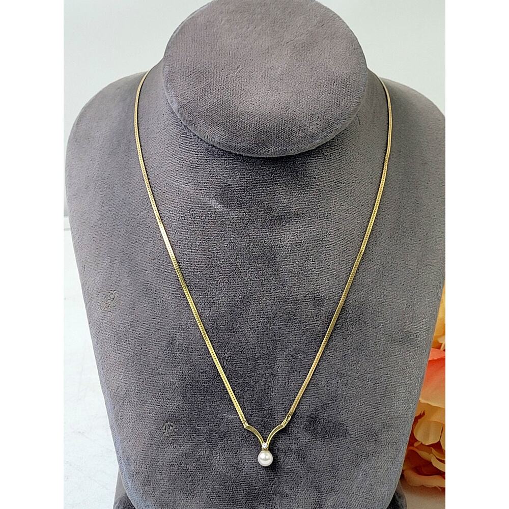 Vintage 14K Gold Filled V Chevron Pendant Necklace Diamond Accent Drop Pearl 17"